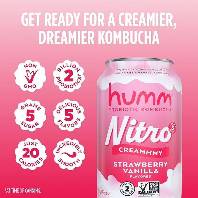 Humm Nitro Kombucha Strawberry Vanilla, Creamy Smooth Probiotic Drink with L-Theanine, Non-GMO, Vegan, Gluten Free, 12 fl oz (Pack of 24)