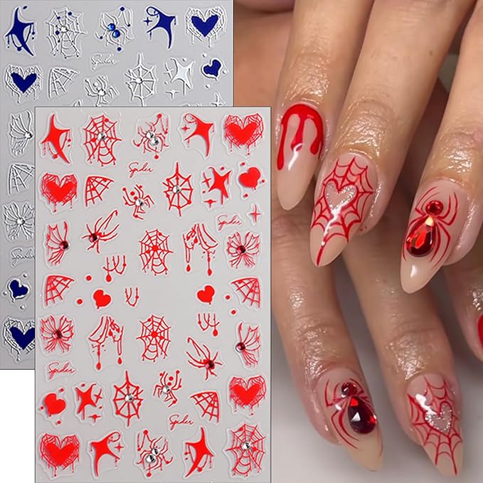 Halloween Nail Stickers 3D Self-Adhesive Spider Web Spider Rhinestone Nail Art Stickers Design Spider Nail Decals Holiday Acrylic Nails DIY Decoration Kit Fall Manicure Supplies for Women 6 Sheets