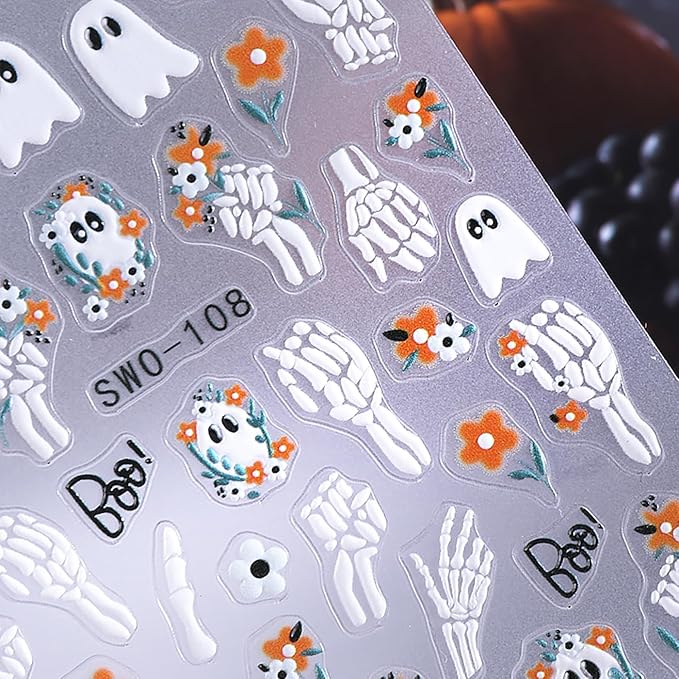 Halloween Nail Art Stickers, Cute Ghost Nail Art Decals 3D Self-Adhesive Skull Pumpkin Black Cat Flower Nail Design 4Pcs Halloween Nail Art Supplies for Women Nail Decoration