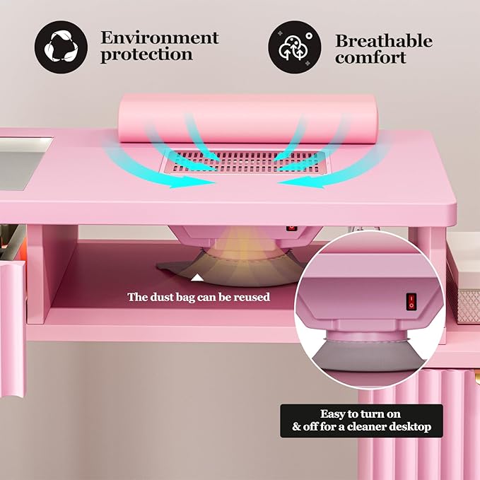 Manicure Table for Nail Tech with Dust Collector, Nail Station Desk w/4 Drawers & LED Lights, Acetone Resistant Beauty Salon Workstation w/Wrist Cushion (Pink)
