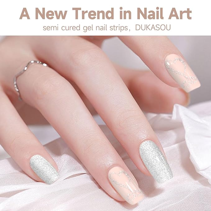 Semi Cured Gel Nail Strips,28 Pcs Gel Nail Stickers Wraps (Glitter Heart),Long Lasting Polish Strips with UV Light, Easy to Apply