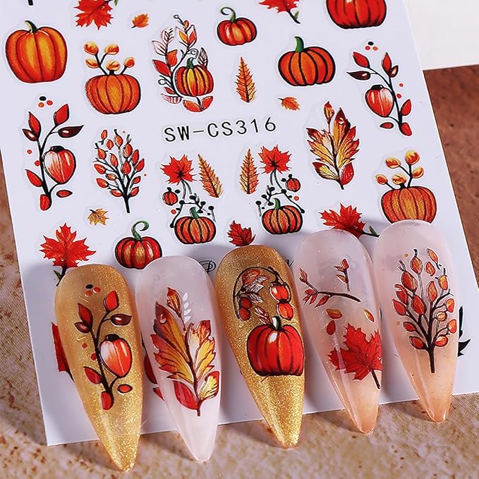 Fall Maple Leaves Nail Art Stickers for Thanksgiving, Fall Pumpkin Nail Decals 3D Self-Adhesive with Maple Leaves Design 6Pcs Fall Glitter Nail Art Supplies for Women Nail Decoration