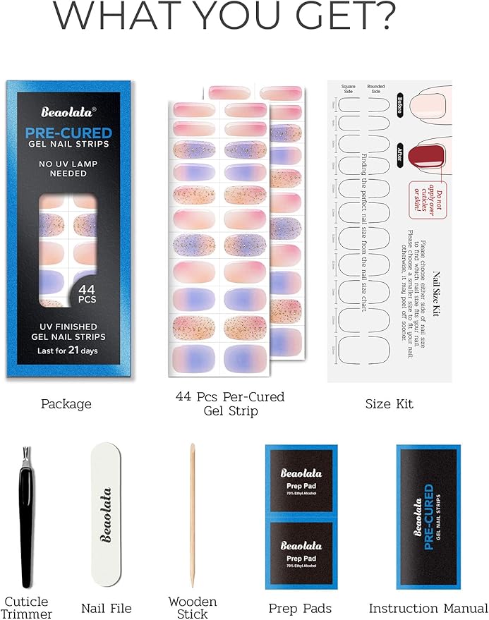 Pre Cured Gel Nail Strips - 44PCS Salon Quality Gel Nail Stickers - Long Lasting Polish Wraps for Women no UV Light Needed Easy Apply& Remove (Blush Blue）