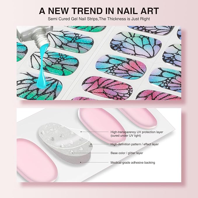 Semi Cured Gel Nail Strips - 30PCS Gel Nail Stickers for UV Light, Long-Lasting Gel Nail Wraps, Salon-Quality Semi Cured Nail Stickers, 2 Weeks Wear, Easy DIY Gel Manicure-Butterfly Dreams