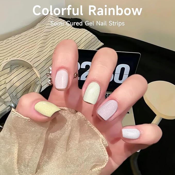 Semi Cured Gel Nail Strips, 28 pcs UV Gel Nail Stickers Full Nails Wraps for Women Home DIY Nails Art, UV Light Required(Colorful Rainbow)