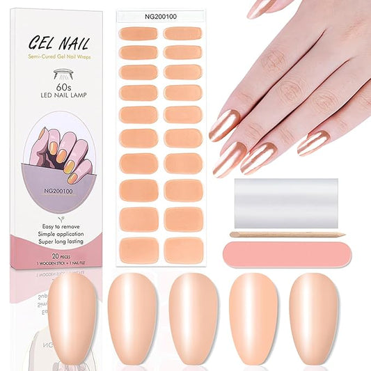 WOKOTO 20 Pcs Chrome Peach Pink Semi Cured Gel Nail Strips with Nail File & Wooden Stick Holographic Nail Gel Strips UV Light Gel Nail Stickers Full Nail Wraps Stick On Nails Color Strips for Women