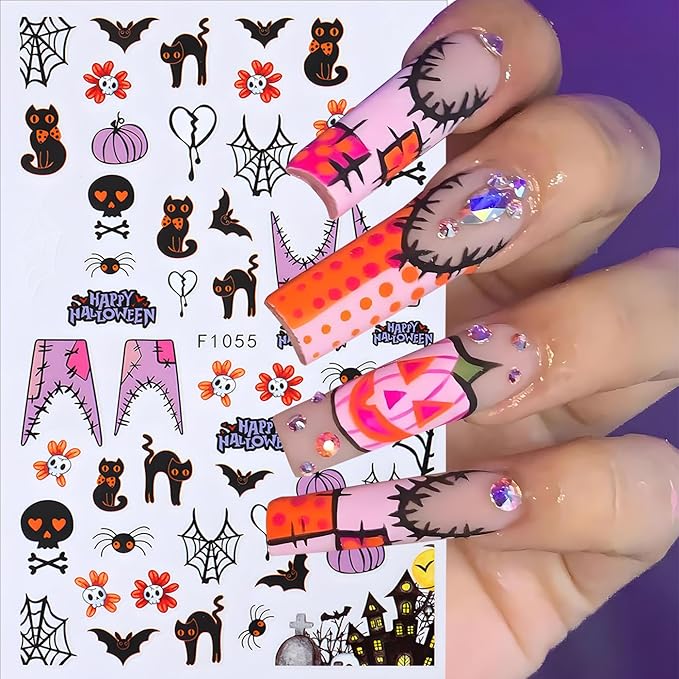 Halloween Nail Art Stickers, Cute Cat Nail Decals 3D Self-Adhesive with Spider Bat Pumpkin Flower Skull Spider Web Design 6Pcs Halloween Nail Art Supplies for Women Nail Decoration