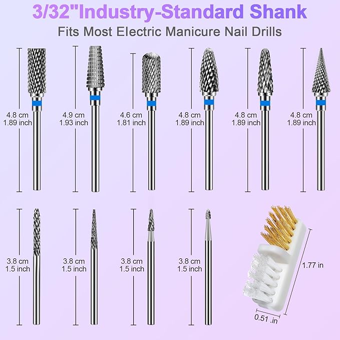 Diesisa 10PCS Nail Drill Bits Set - Tungsten Carbide Nail Bits for Acrylic Nails - 3/32" Shank Drill Bits Professional Electric Nail Bits For Nail Drill - Removal Bit Nail Drill for Home Salon-Blue