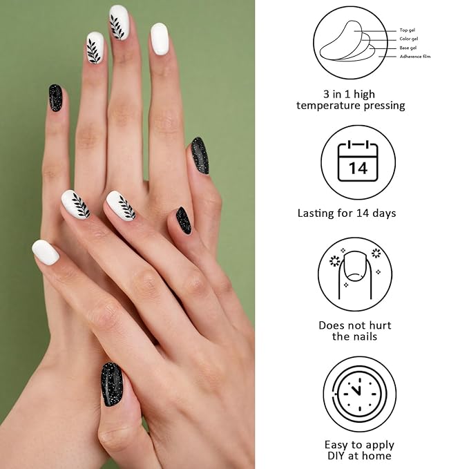 Semi Cured Gel Nail Strips,28 PCS Fall Nail Art Stickers (Falling Leaves),Gel Stickers for Nails UV Light,Nail Polish Strips Includes Prep Pads, Nail File & Wood Stick