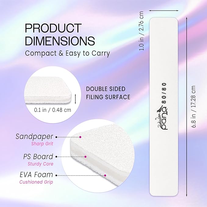 10PCS Jumbo Size PANA Professional Double Sided Nail Files - White, 80/80 Grit - Emery Board Nail Buffering File Manicure Pedicure Nail Polisher Washable
