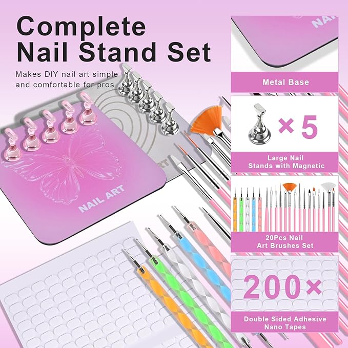 Nail Stand Brush Set, Magnetic Stands with Metal Base Art Palette, Reusable Nail Tips Display Practice Acrylic Holder with 200pcs Sticky Tabs and Tools for Home DIY Salon Supplies-Sliver