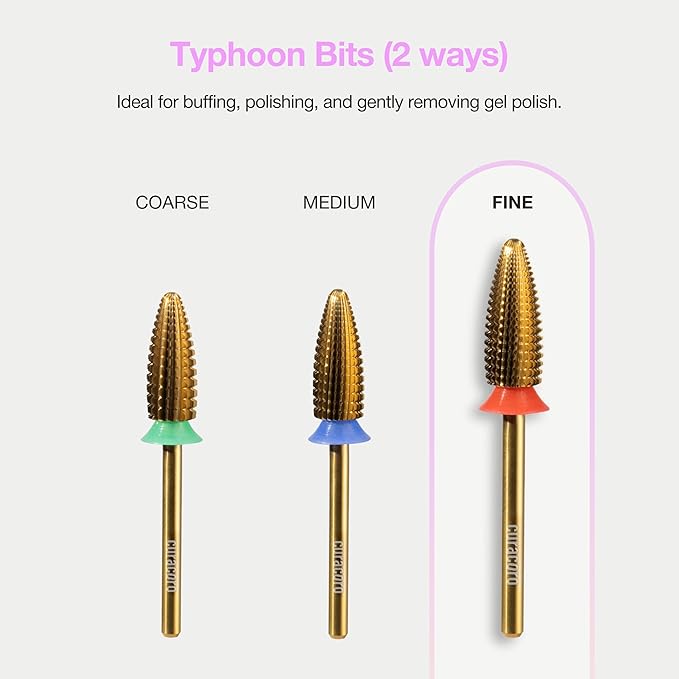 Curacoro Nail Drill Bits 3/32'' - Typhoon Bits, 2 Way, Carbide Bit (Fine) for Gently Removal of Gel Polish, Buffing to Smooth & Shiny Nails, Precise & Easy Control, Nail Art Salon & Home