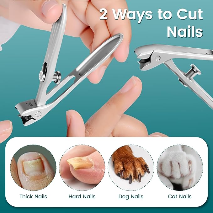 YTD Likomey Angled Head Wide Jaw Opening Nail Clippers,Long Handled Toenail Clippers for Thick Nails,Ultra-Sharp Fingernail Clipper with Catcher,Nail Cutter with Nano Glass Nail File Set for Seniors