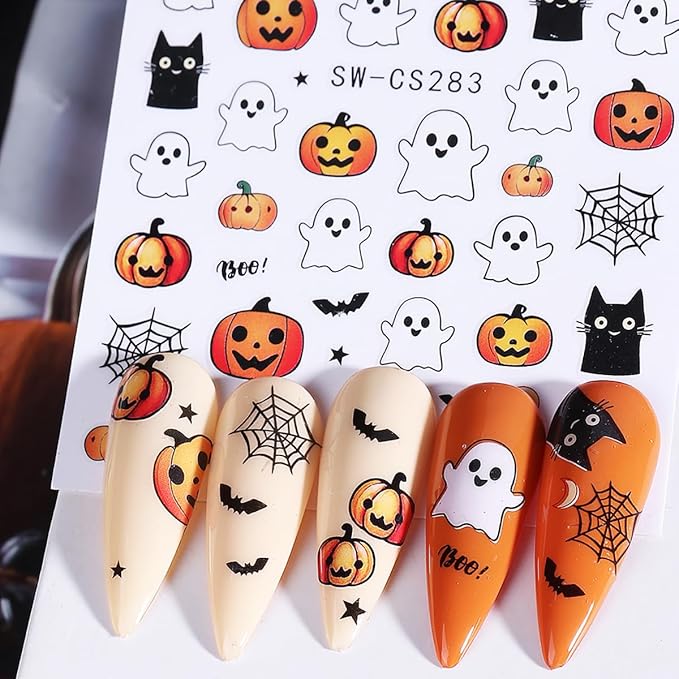 Halloween Nail Art Stickers, Cute Cartoon Ghost Nail Art Decals 3D Self-Adhesive Spider Bat Pumpkin Skull Flowers Nail Design 4Pcs Halloween Nail Art Supplies for Women Nail Decoration