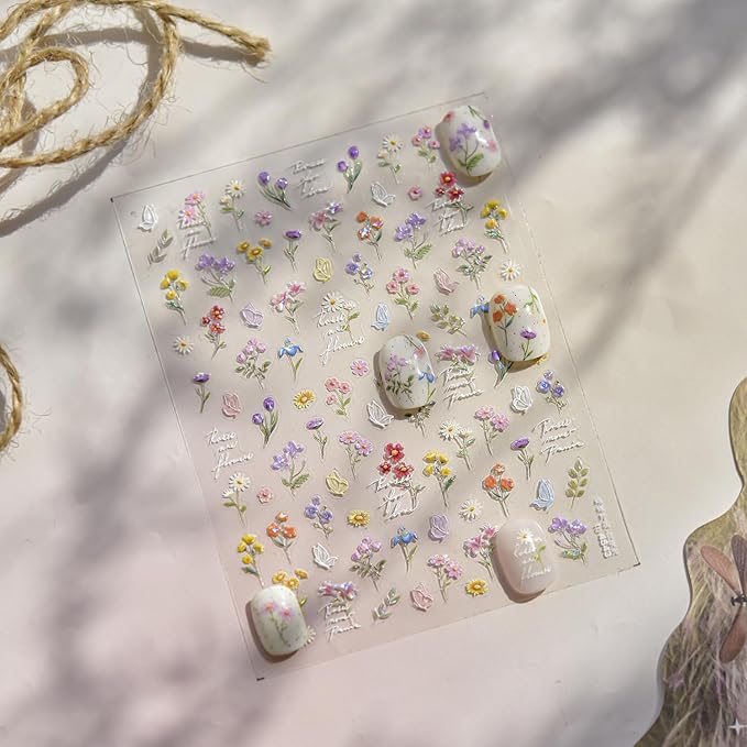 1 Sheets Wild Flower Nail Stickers for Nail Art, Embossed Shell Light Self-Adhesive Daisy Butterfly Nail Decals, Nail Supplies Nail Art Designs Accessories for Women and Girls Manicure DIY Decoration