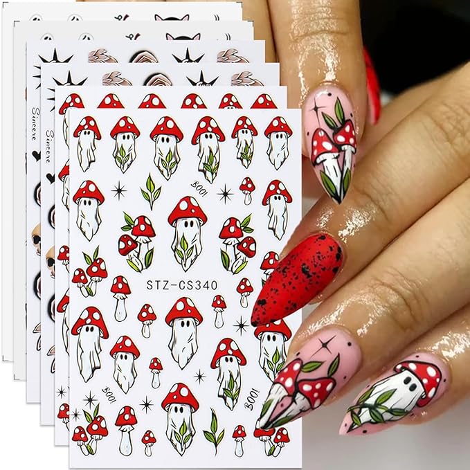 Halloween Nail Art Stickers Decals Mushroom Ghost Skull Nail Decals 6PCS 3D Ghosts Rose Skull Black Cat Pumpkin Spiders Halloween Design Nails Adhesive Sticker Supplies for Women DIY Manicure Nail Art