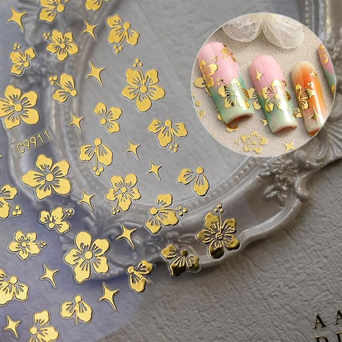 12 Sheets Star Nail Art Stickers Gold Nail Stickers for Nail Art 3D Self-Adhesive Heart Flower Nail Decals Gold Nail Supplies Design Manicure Supplies for Women