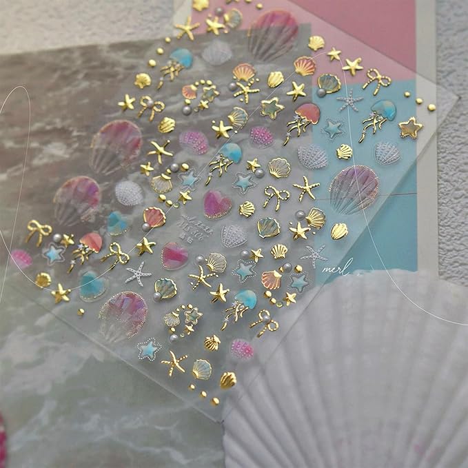 1Pcs Summer Nail Stickers for Nails Art 5D Embossed Marine Life Nail Decals with Pearl Shiny Gold Star Bow Shell Nail Art Stickers Ocean Beach Jellyfish Nail Supplies for Women Manicure Decor