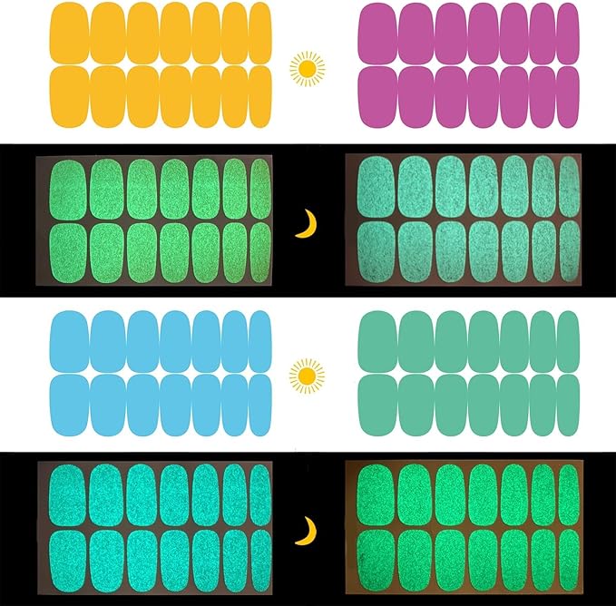 JERCLITY 168 Pieces 12 Sheets Luminous Solid Color Nail Polish Strips Glow in The Dark Nail Wraps for Short Nails Nail Decals Self-Adhesive Nail Stickers Full Nail Wraps for Women Girls Nail Art
