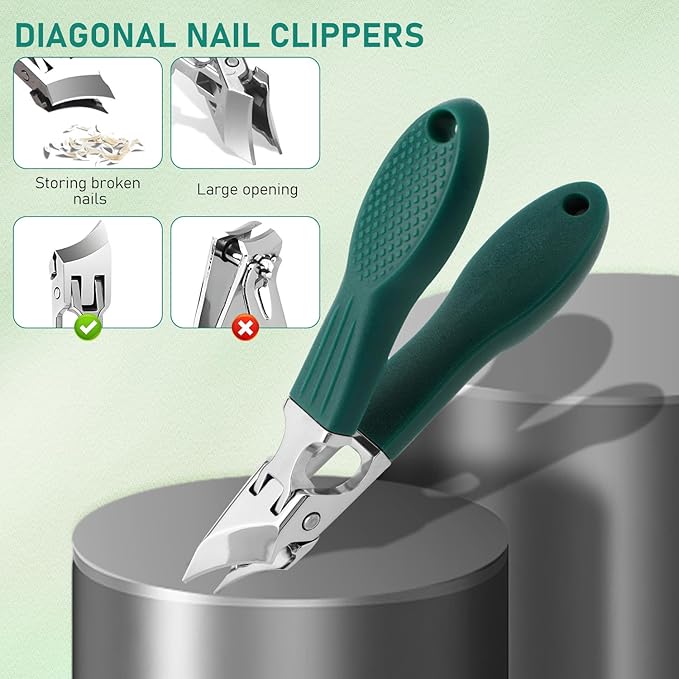 Splashproof 25° Beveled Edge Nail Clippers 3-Piece Set, Long Handle Wide Jaw Opening Anti-Splash Slanted Nail Clipper, for Thick and Ingrown Nails, Includes Nail File for Complete Nail Care