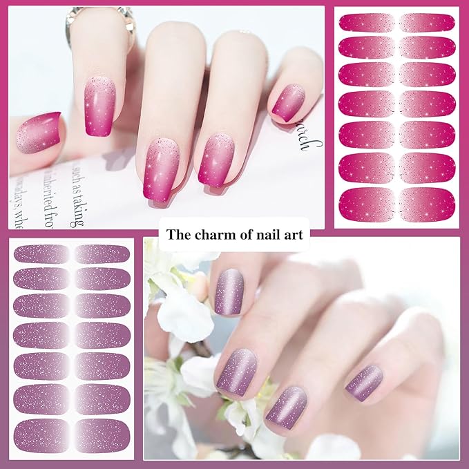 DANNEASY 16 Sheets Nail Polish Stickers Full Nail Wraps for Women Blue Glitter&Solid Color Fingernails Wrap Self Adhesive Nail Polish Strips Gel Nail Strips with Nail File, Cuticle Stick