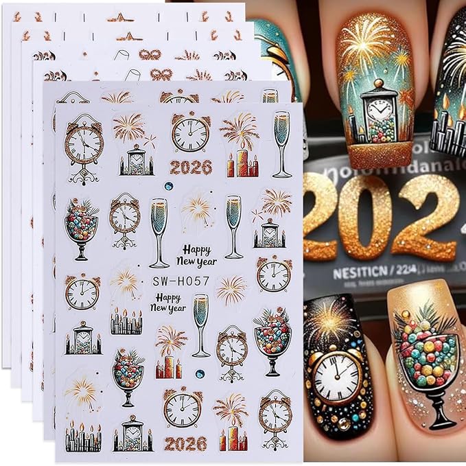 Christmas Nail Art Stickers Fireworks Clock Nail Stickers 6PCS Gold Glitter Lantern Ball Champagne Tree 2026 Design 3D Self-Adhesive Xmas Nail Decals Manicure Supply for New Year Nail Art Decorations