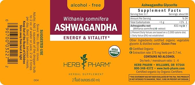 Herb Pharm Certified Organic Ashwagandha Extract Drops for Traditional Support for Energy and Vitality, Alcohol-Free Glycerite, 2 Oz