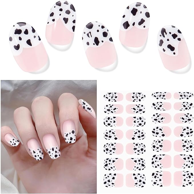 Semi Cured Gel Nail Strips, 28 pcs Gel Nails Stickers for Women Work with Any UV Lamp, Salon Quality Nail Wraps for Home DIY Nails Art (Pink Cow)