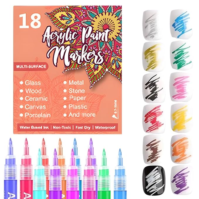 18 Colors Nail Art Pens for Painting Nails, 0.7mm Acrylic Paint Makers DIY Nail Art Markers for Kids and Adults, Quick-drying Nail Polish Pens Doodle Pens for Drawing Point Liner