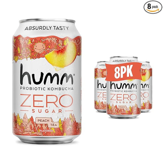 Humm Probiotic Kombucha Zero Sugar Peach Tea, No Refrigeration Needed, Keto Friendly, Organic, Vegan, Gluten Free, 12oz Cans (8 Pack)