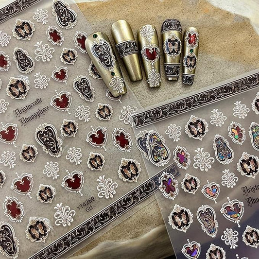 1 Sheets Sliver Nail Stickers for Nail Art, Boho Embossed Jelly Self-Adhesive Butterfly Heart Nail Decals, Nail Supplies Nail Art Designs Accessories for Women and Girls Manicure DIY Decoration