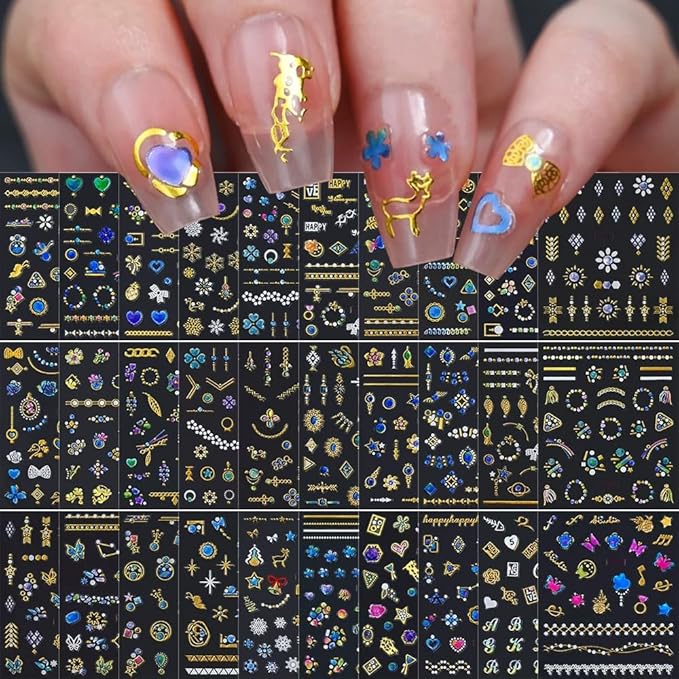 30 Sheets Gem Star Nail Stickers 3D Self Adhesive Luxury Blue Gems Theme Nail Art Charms Sticker Decals for Crafts Supplies Accessories (ST-BG)