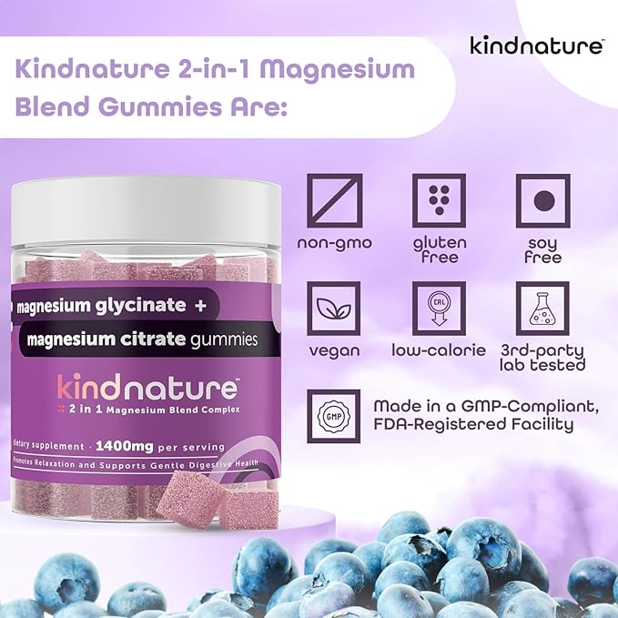 KINDNATURE Magnesium Glycinate & Citrate Gummies – Calm Magnesium Complex for Sleep, Stress, Cramps & Digestion – Chewable Vegan Magnesium Supplement for Women, Teens, Adults – 60 Ct