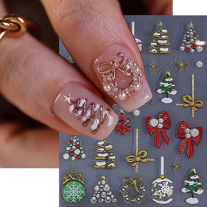 Christmas Nail Art Stickers 5D Relief Nail Decals Bow Nail Stickers for Nail Art Colorful Christmas Tree Heart Bow with Rhinestone Design Snowflake Nail Sticker for Women DIY Holiday Nails 3 Sheets