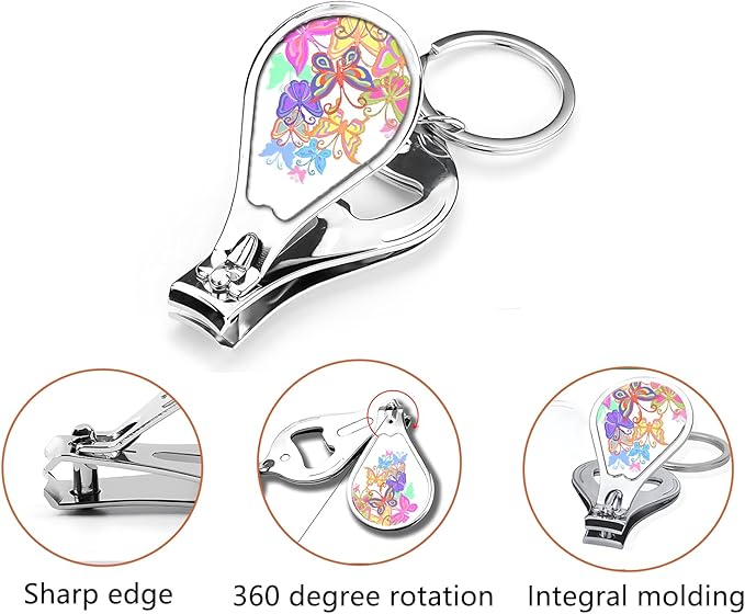 Toenail Clippers for Men 2 Pack Nail Clipper Set with Key Chain Cute Nail Cutter with Jar Opener for Dorm Room Essentials,Kitchen Gadgets,Golf Accessories(Color Butterfly)