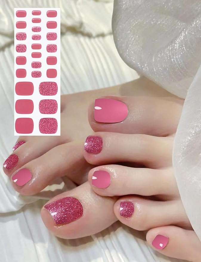 Semi Cured Gel Toenail Strips, 26 Pink, Glitter Gel Toe Nail Stickers, Works with Any UV Lamps