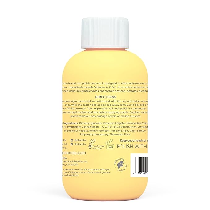 ella+mila Jojoba Nail Polish Remover Non-Acetone Nail Polish Remover - Non-Toxic Fingernail Polish Remover - Enriched With Jojoba oil & Vitamins (4 fl oz) Yellow