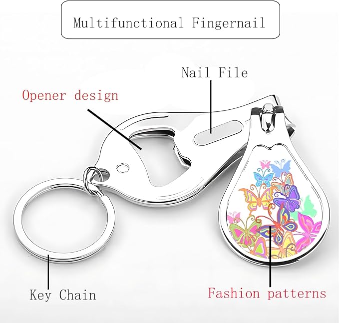 Toenail Clippers for Men 2 Pack Nail Clipper Set with Key Chain Cute Nail Cutter with Jar Opener for Dorm Room Essentials,Kitchen Gadgets,Golf Accessories(Color Butterfly)