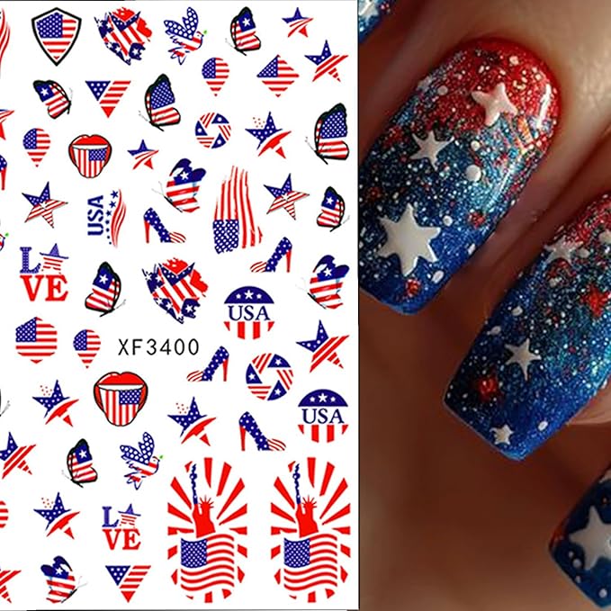 8 Sheets Independence Day Nail Stickers Blue Red Nail Decals Flag Love with Design Nail Decals for Nail Art 3D Self-Adhesive Nail Decoration for Women 4th of July Acrylic Nails Supplies
