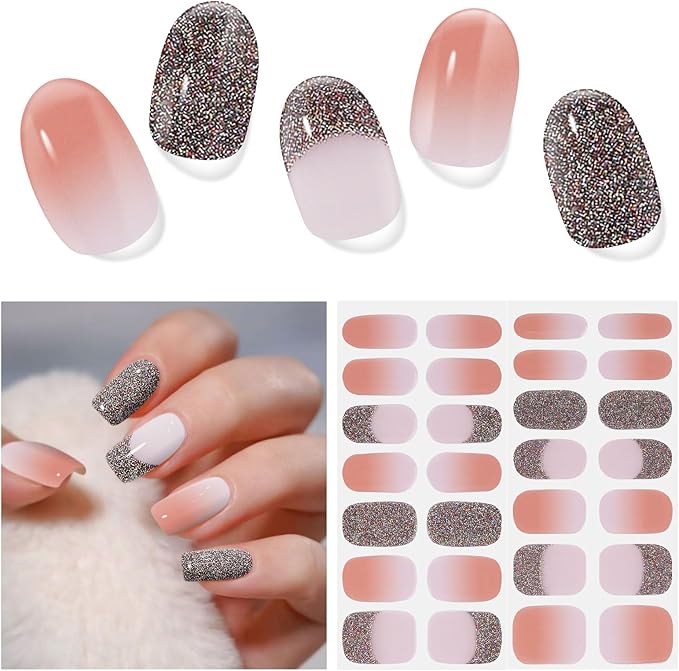 Semi Cured Gel Nail Strips | 28 pcs Gel Nails Strips Work with Any UV Lamps, Long Lasting UV Nail Stickers for Women DIY Nails Wraps(Bean Red)