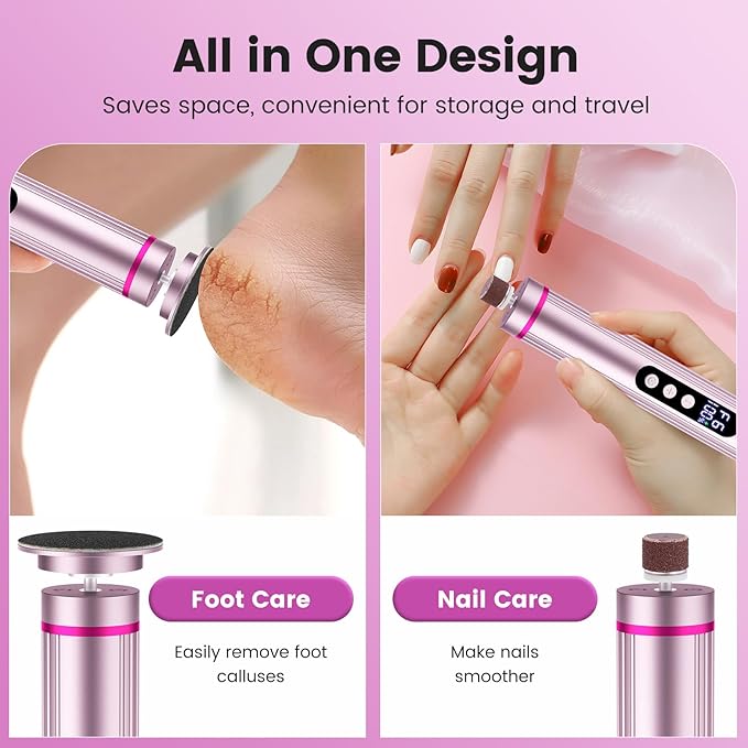 2 in 1 Foot File & Nail Drill, Rechargeable Electric Foot Callus Remover with 9 Adjustable Settings, Digital Display Screen Electric Callus Remover for Feet, Foot Scrubber for Women Men (Light Pink)