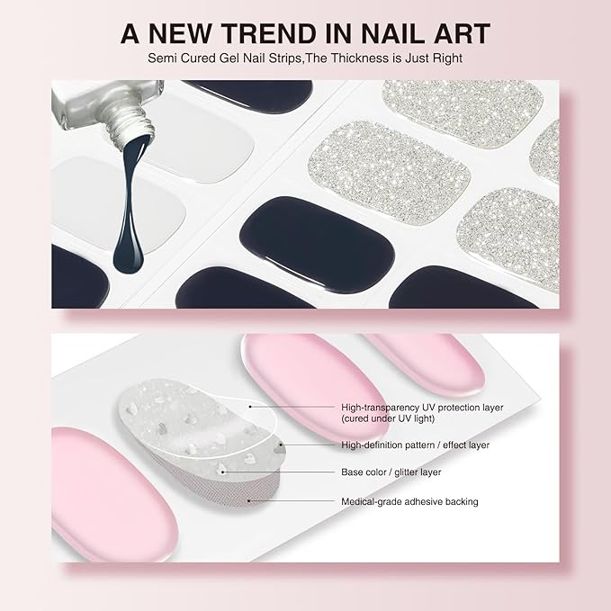 Semi Cured Gel Nail Strips - 30PCS Long-Lasting Nail Wraps, Salon-Quality Semi Cured Stickers, 2 Weeks Wear, Easy DIY Manicure-Light Glimmer