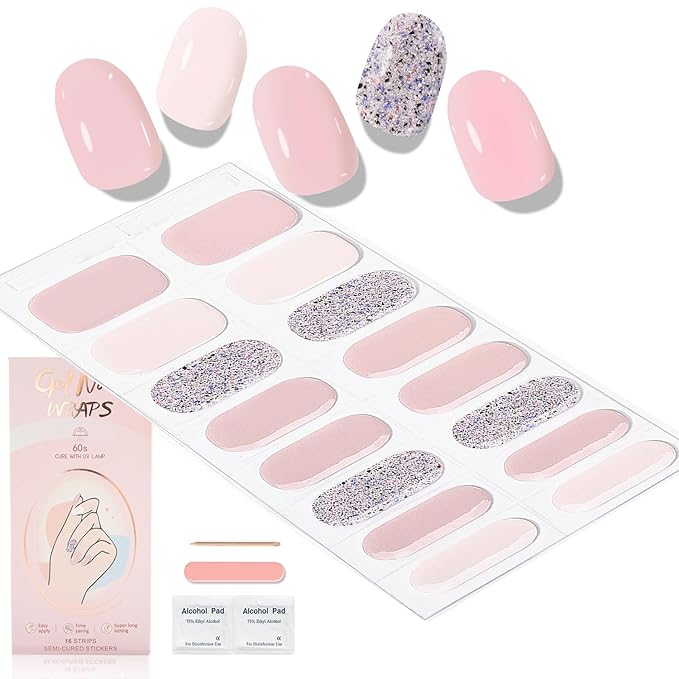 WOKOTO Semi Cured Gel Nail Strips (Pink & Glitter)-16 Pcs Gel Nail Stickers | Gel Nail Wraps | UV Light Required, Salon Quality & Easy To Use, Real Nail Polish Strips Stick On Nails With Nail File