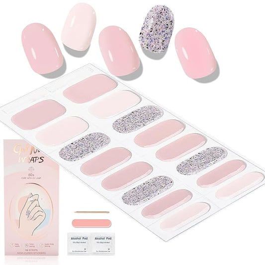 WOKOTO Semi Cured Gel Nail Strips (Pink & Glitter)-16 Pcs Gel Nail Stickers | Gel Nail Wraps | UV Light Required, Salon Quality & Easy To Use, Real Nail Polish Strips Stick On Nails With Nail File