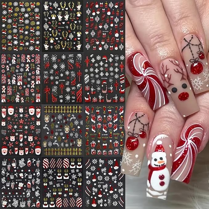 12Sheets Christmas Nail Art Stickers Snowflake Snowman 3D Self-Adhesive Xmas Nail Decals Nail Art Supplies Red Gold Santa Claus Elk Xmas Tree Santa's Hat Design Holiday Nail Art Accessories for Women