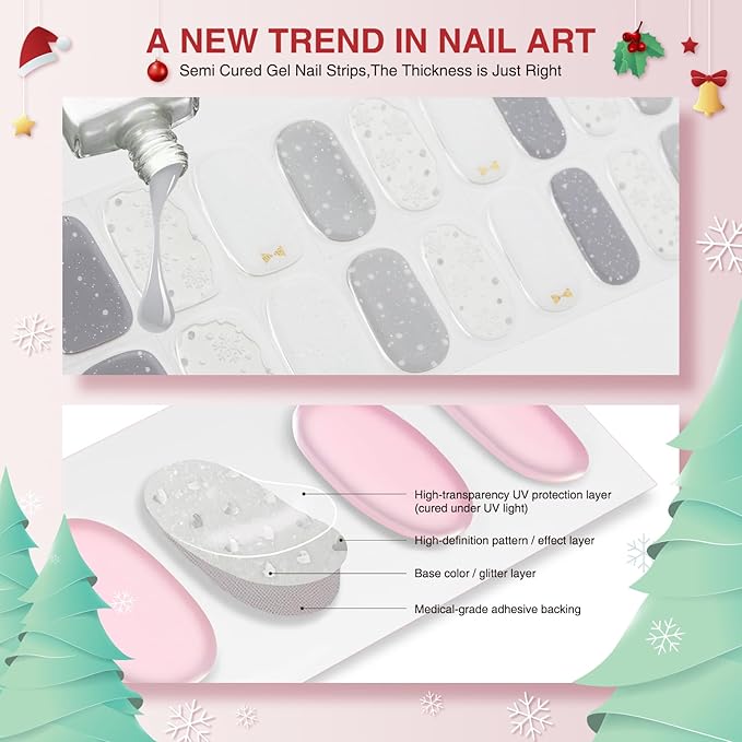 Semi Cured Gel Nail Strips, Christmas 20 PCS Nail Stickers Work with UV Light, Salon Quality & Easy to Use - Snowy Glow