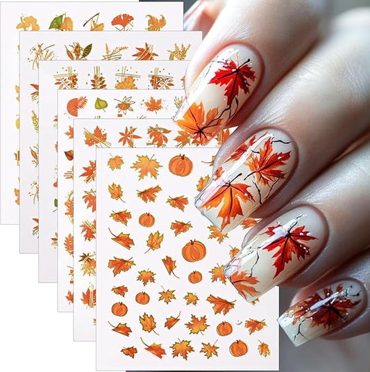 6 Sheets Fall Nail Art Stickers Autumn Maple Leaf Nail Stickers Thanksgiving Pumpkins Maple Leafs Nail Decorations Self-Adhesive 3D Gold Line Nail Design Sticker for Women DIY Manicure Supplies