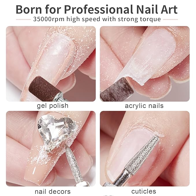 Kredioo Nail Drill, 35000RPM Nail Drills for Acrylic Nails Professional Cordless Electric File Rechargeable Portable Machine 6 Bits Dremel Tools for Women Manicure Pedicure Remove Gel Polish