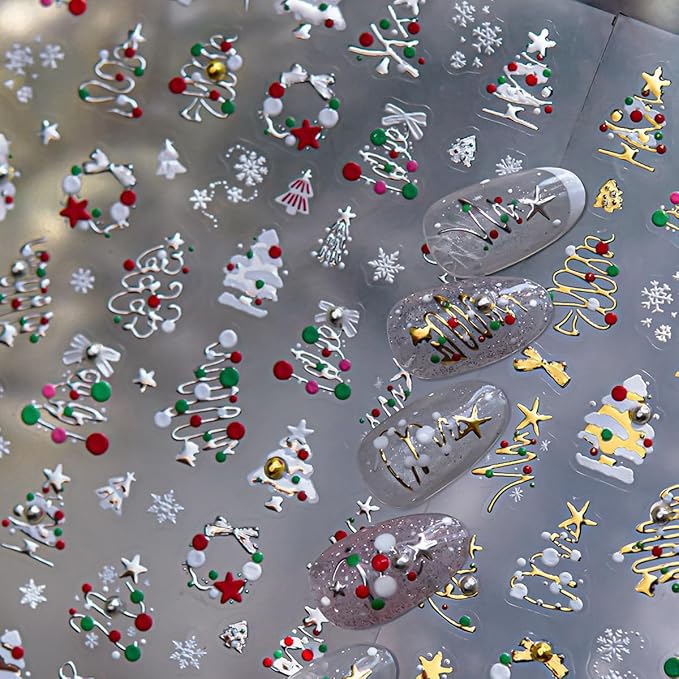 Christmas Nail Art Stickers Silver Xmas Tree Nail Decals with Rhinestone 1PCS Xmas Trees Snowflake Star Bow Christmas Nails Design Adhesive Stickers Nail Art Supplies for Women Holiday DIY Nail Art