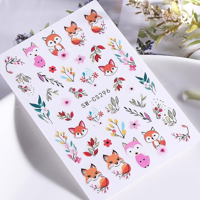 Fall Nail Art Stickers, Cute Fox Nail Art Decals 3D Self-Adhesive Cotton Fox Nails Stickers Autumn Blossom Flowers Nail Design 6Pcs Nail Art Supplies for Women Nail Decoration